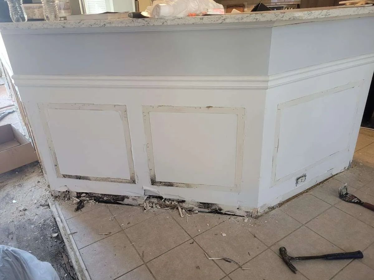 Water damage and mold on kitchen during Sewage Cleanup & Sanitation in Paris